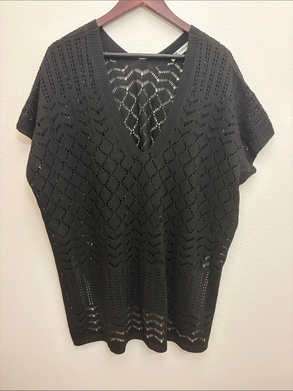 Cupshe Black Open-Knit Beach Swim Cover Up V-Neck Oversized Sweater Top